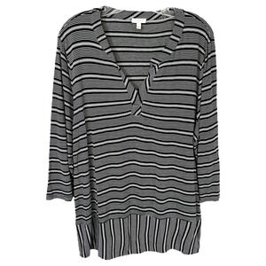 Talbots Plus Size 2X Top Black White Striped V Neck 3/4 Sleeve Tunic Office 1717
